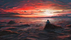 Preview wallpaper man, alone, sea, sunset, art, dark