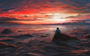 Preview wallpaper man, alone, sea, sunset, art, dark