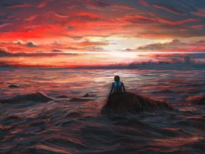 Preview wallpaper man, alone, sea, sunset, art, dark