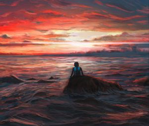 Preview wallpaper man, alone, sea, sunset, art, dark