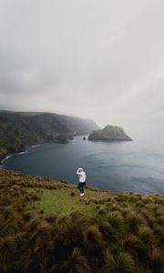 Preview wallpaper man, alone, sea, cliff, landscape, nature
