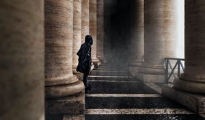 Preview wallpaper man, alone, smoke, bird, columns