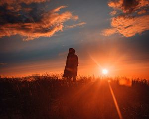 Preview wallpaper man, alone, sunset, grass, field, sunlight