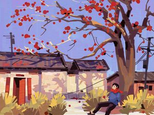 Preview wallpaper man, alone, tree, houses, art