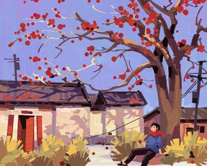 Preview wallpaper man, alone, tree, houses, art