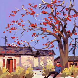 Preview wallpaper man, alone, tree, houses, art