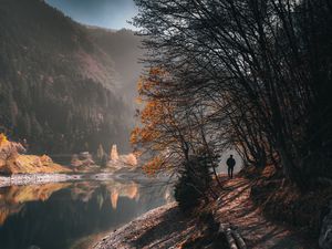 Preview wallpaper man, alone, trees, river, autumn, free