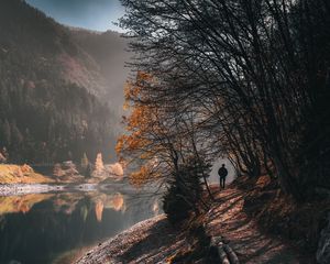 Preview wallpaper man, alone, trees, river, autumn, free