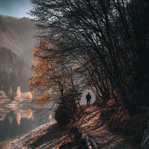 Preview wallpaper man, alone, trees, river, autumn, free