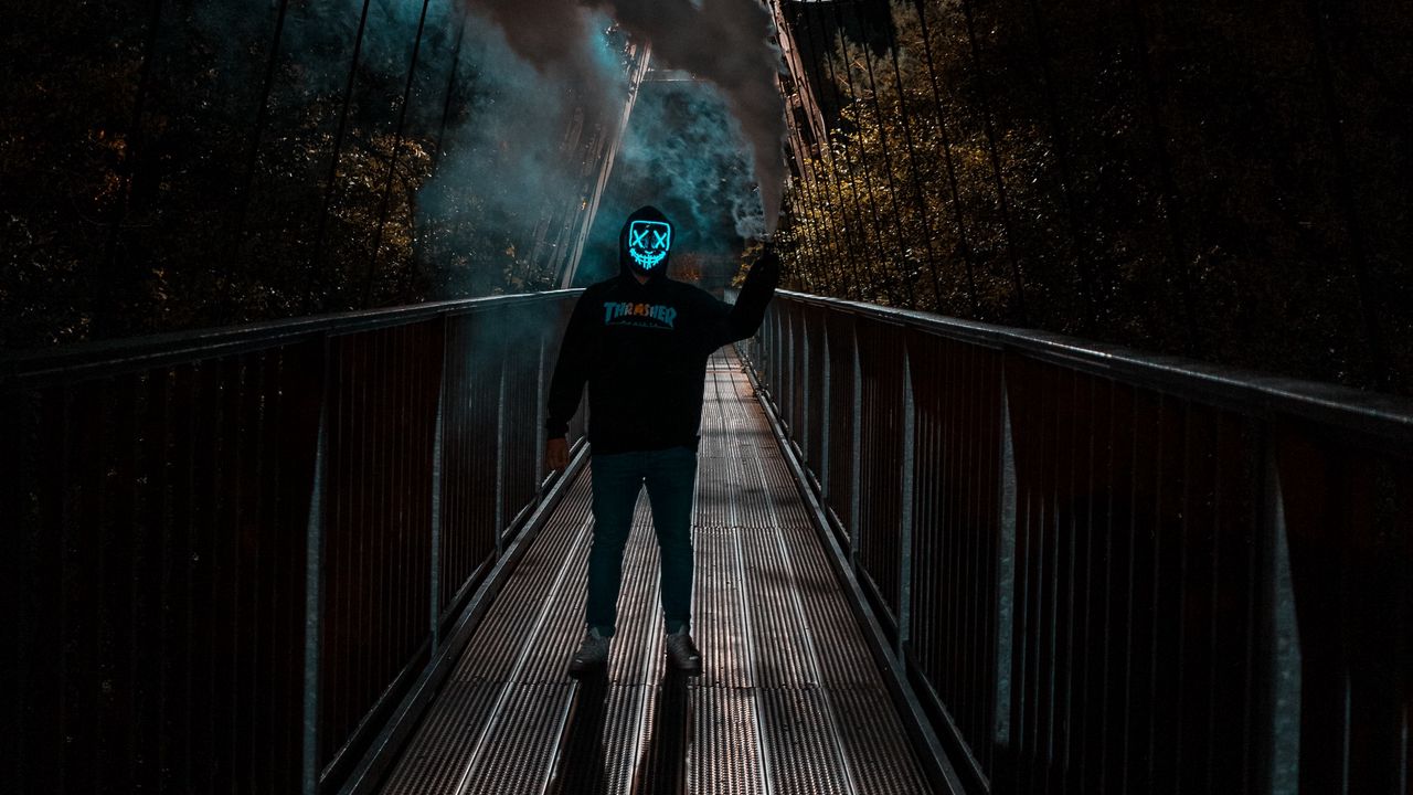 Wallpaper man, anonymous, mask, neon, smoke, bridge