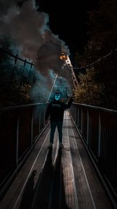Preview wallpaper man, anonymous, mask, neon, smoke, bridge