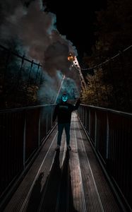 Preview wallpaper man, anonymous, mask, neon, smoke, bridge