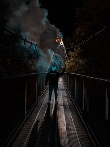 Preview wallpaper man, anonymous, mask, neon, smoke, bridge