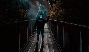 Preview wallpaper man, anonymous, mask, neon, smoke, bridge