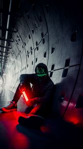 Preview wallpaper man, anonymous, mask, neon, tunnel