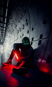 Preview wallpaper man, anonymous, mask, neon, tunnel