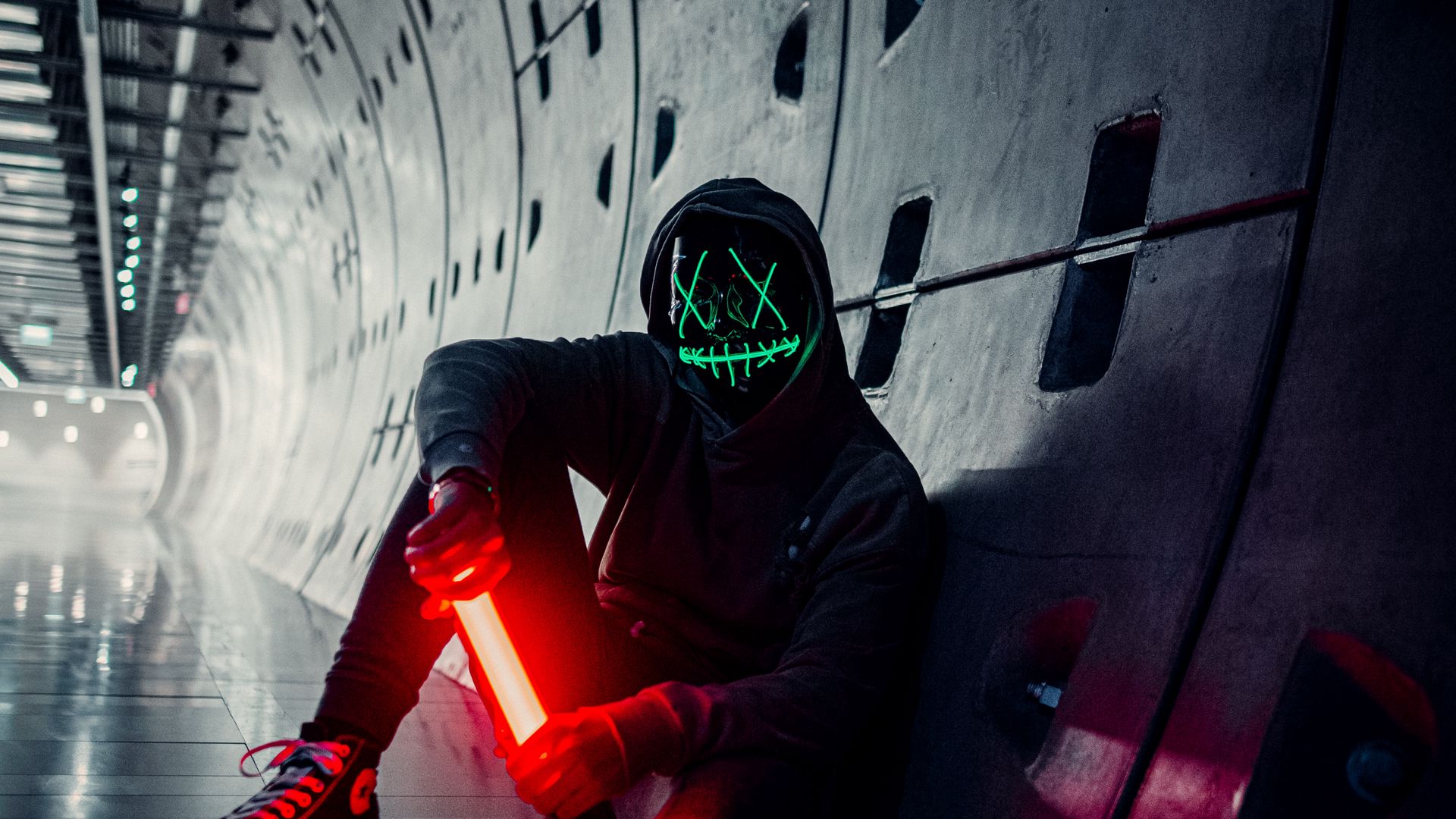 Download wallpaper 1920x1080 man, anonymous, mask, neon, tunnel full hd,  hdtv, fhd, 1080p hd background