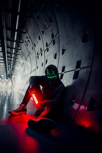 Preview wallpaper man, anonymous, mask, neon, tunnel