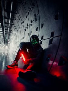 Preview wallpaper man, anonymous, mask, neon, tunnel