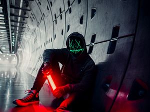 Preview wallpaper man, anonymous, mask, neon, tunnel