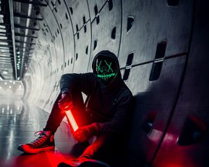 Preview wallpaper man, anonymous, mask, neon, tunnel