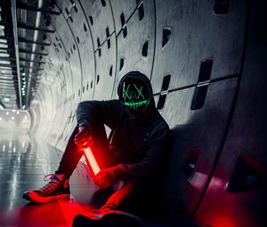 Preview wallpaper man, anonymous, mask, neon, tunnel