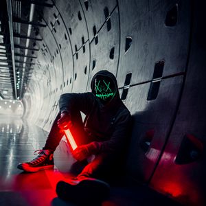 Preview wallpaper man, anonymous, mask, neon, tunnel