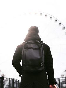 Preview wallpaper man, backpack, black, jacket, style