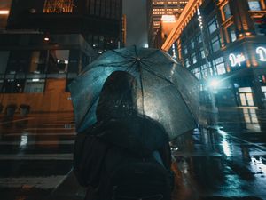 Preview wallpaper man, backpack, hood, umbrella, rain, neon