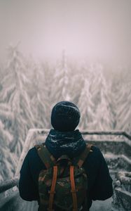 Preview wallpaper man, backpack, snow, winter, nature