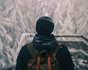 Preview wallpaper man, backpack, snow, winter, nature