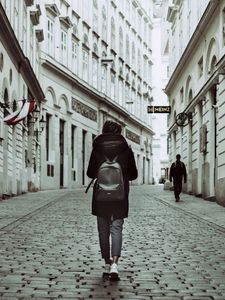 Preview wallpaper man, backpack, street, city, style