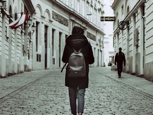 Preview wallpaper man, backpack, street, city, style