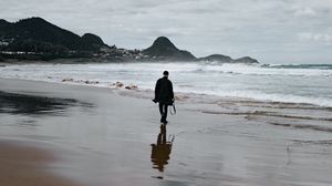Preview wallpaper man, beach, shore, waves, water