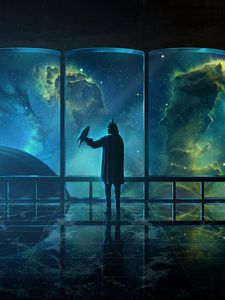 Preview wallpaper man, bird, space, dark, art