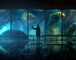 Preview wallpaper man, bird, space, dark, art