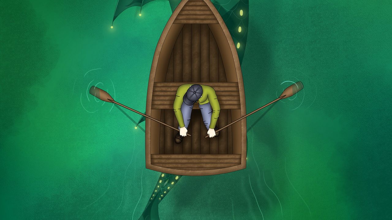 Wallpaper man, boat, fish, water, under water, art, green