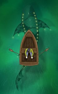 Preview wallpaper man, boat, fish, water, under water, art, green