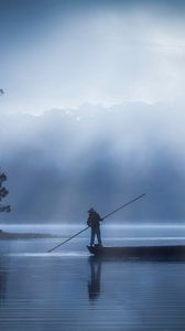 Preview wallpaper man, boat, lake, fog, dusk