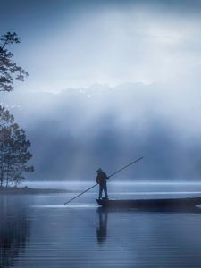 Preview wallpaper man, boat, lake, fog, dusk