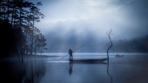 Preview wallpaper man, boat, lake, fog, dusk