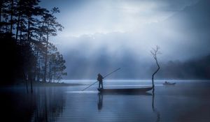 Preview wallpaper man, boat, lake, fog, dusk