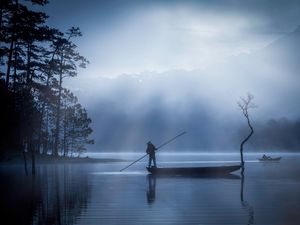 Preview wallpaper man, boat, lake, fog, dusk