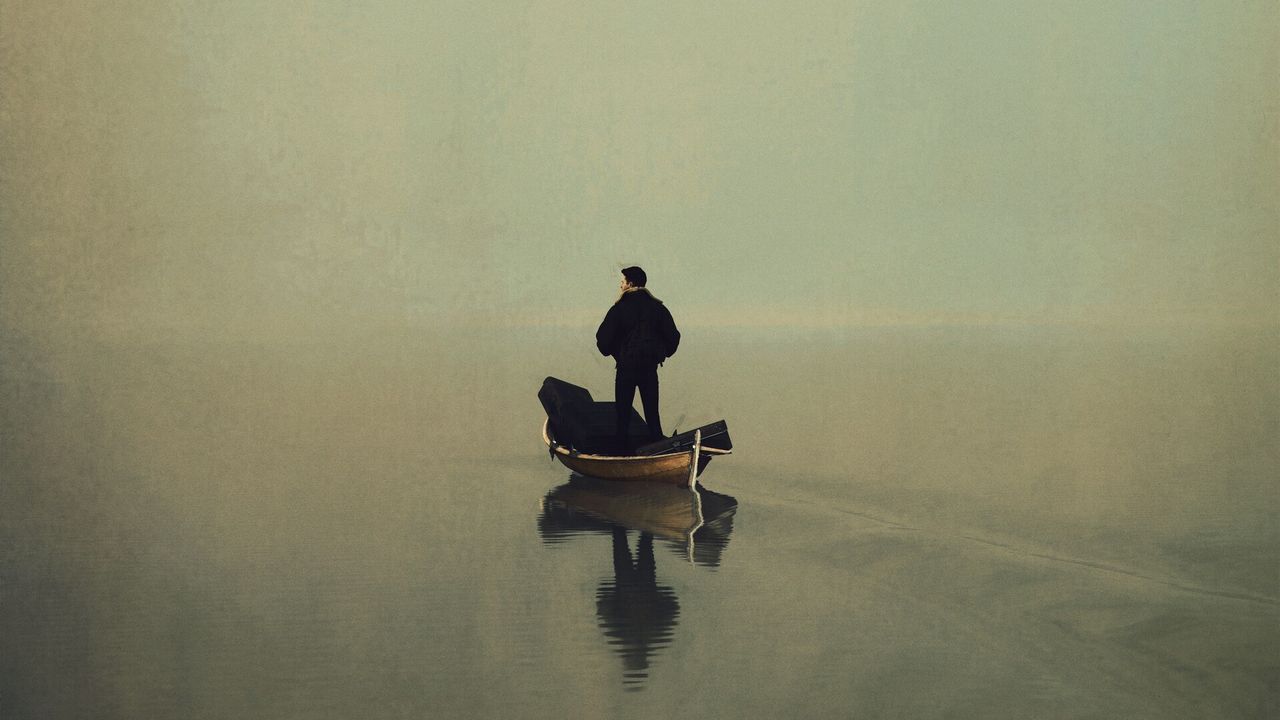 Wallpaper man, boat, water, alone, art