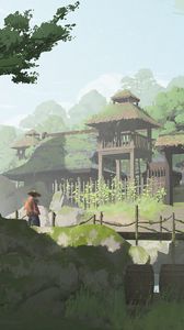 Preview wallpaper man, bridge, pagoda, china, art