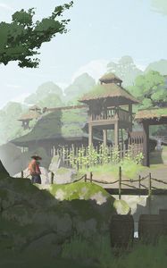 Preview wallpaper man, bridge, pagoda, china, art