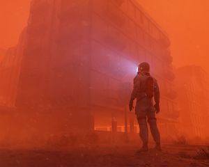 Preview wallpaper man, building, fog, glow, gloom