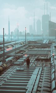 Preview wallpaper man, buildings, city, fog, art