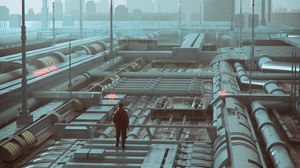 Preview wallpaper man, buildings, city, fog, art