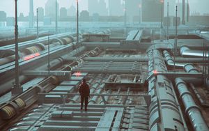 Preview wallpaper man, buildings, city, fog, art